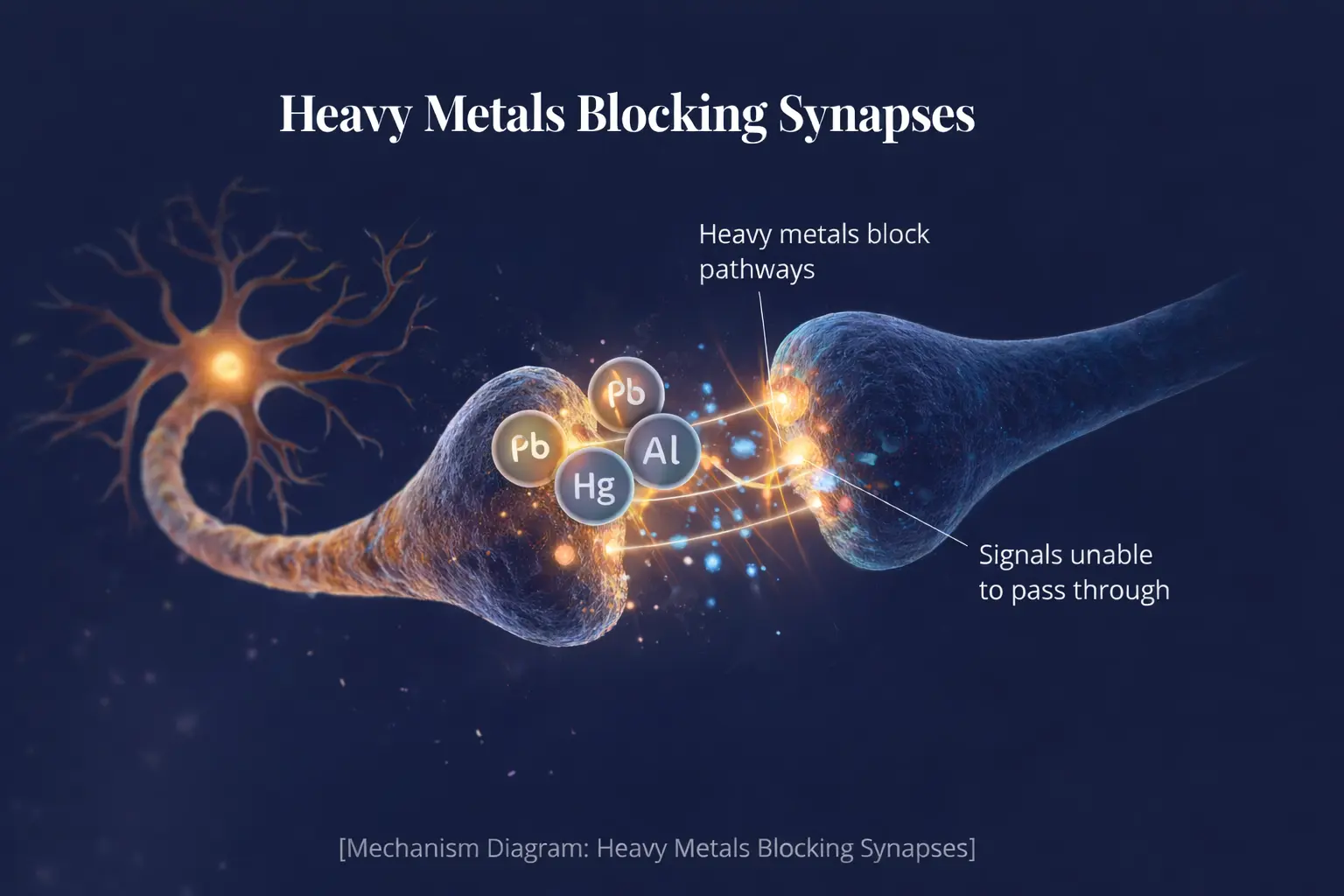 Diagram showing how environmental toxins disrupt neural pathways by blocking synapses